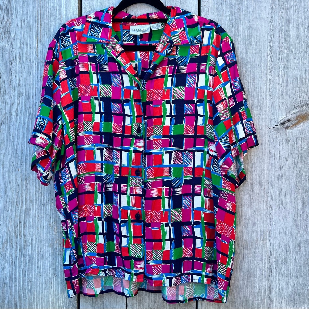 Vintage Nordstrom checkered button down collared vacation vibes short sleeve top